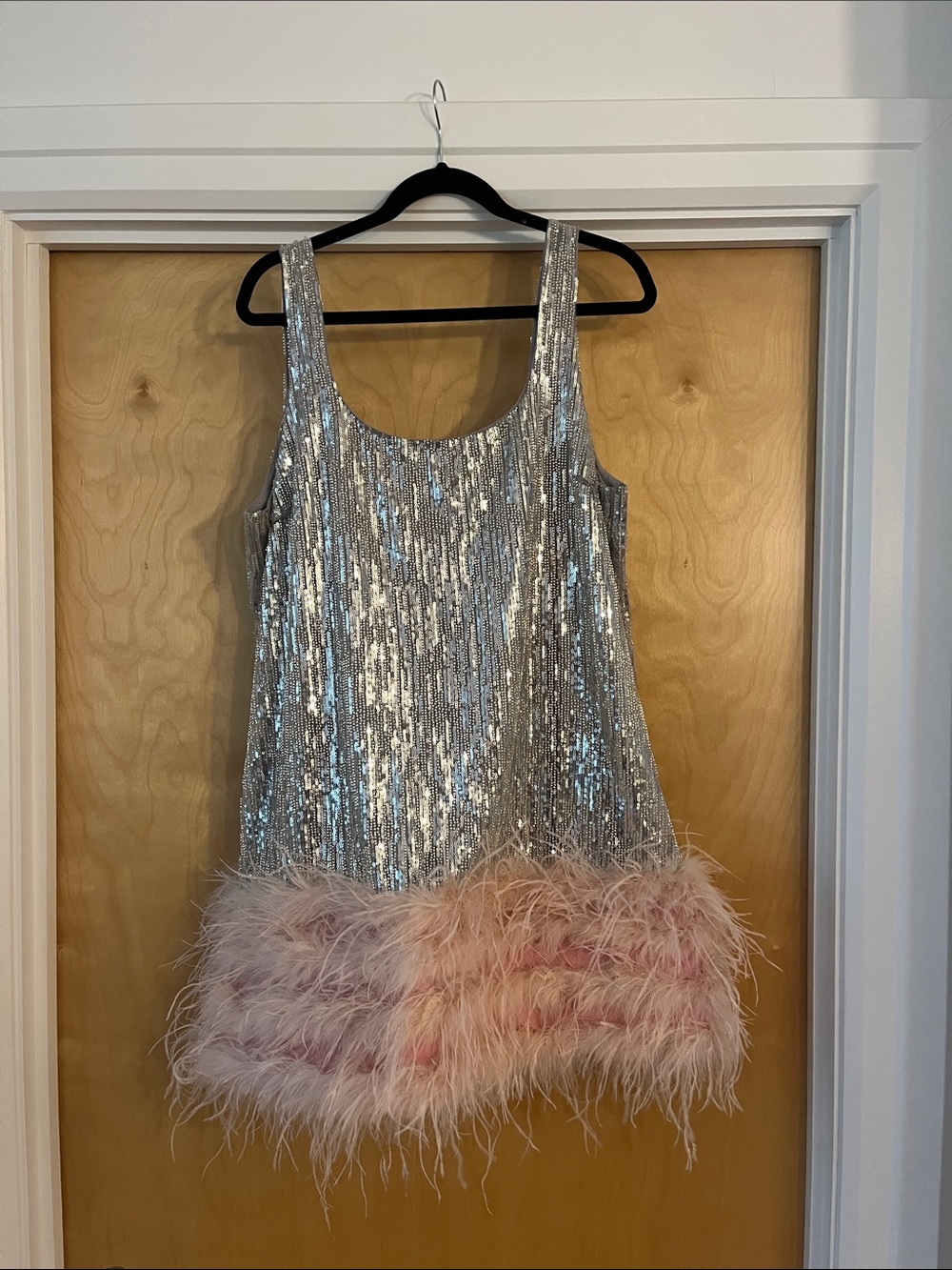 Aqua Silver Sequin Mini Dress with Pink Feather Hem